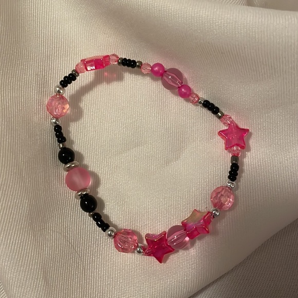 Handmade Jewelry Bracelet 3 Stack & Bead Enhanced Hair Elastic Pink & Black - Picture 5 of 7